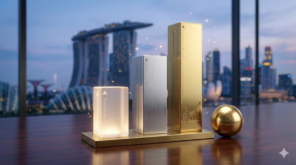 A luxurious glass, silver, and gold bar chart on a mahogany table, symbolizing wealth accumulation and premium financing leverage.
